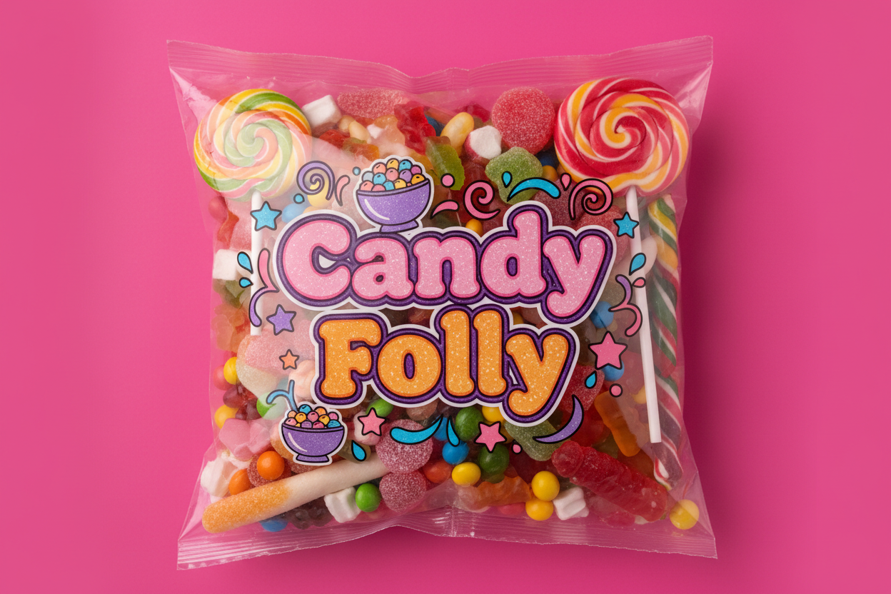 faire un sachet de bonbons mix avec écrit Candy folly et en fond rose fushia