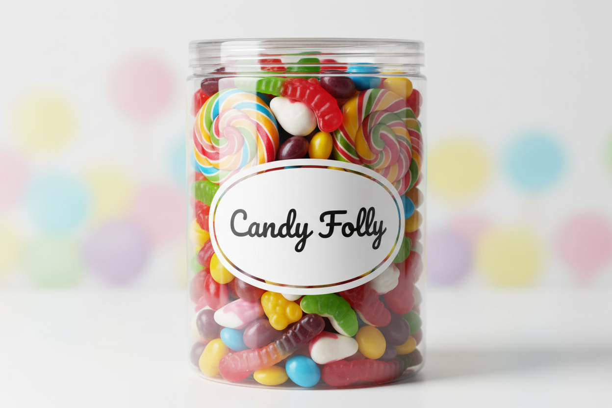 pot en plastique transparent de bonbon écrit Candy Folly